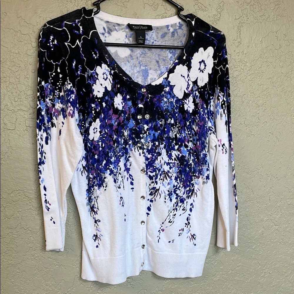 White House Black Market Floral Cardigan - Black, Blue, White